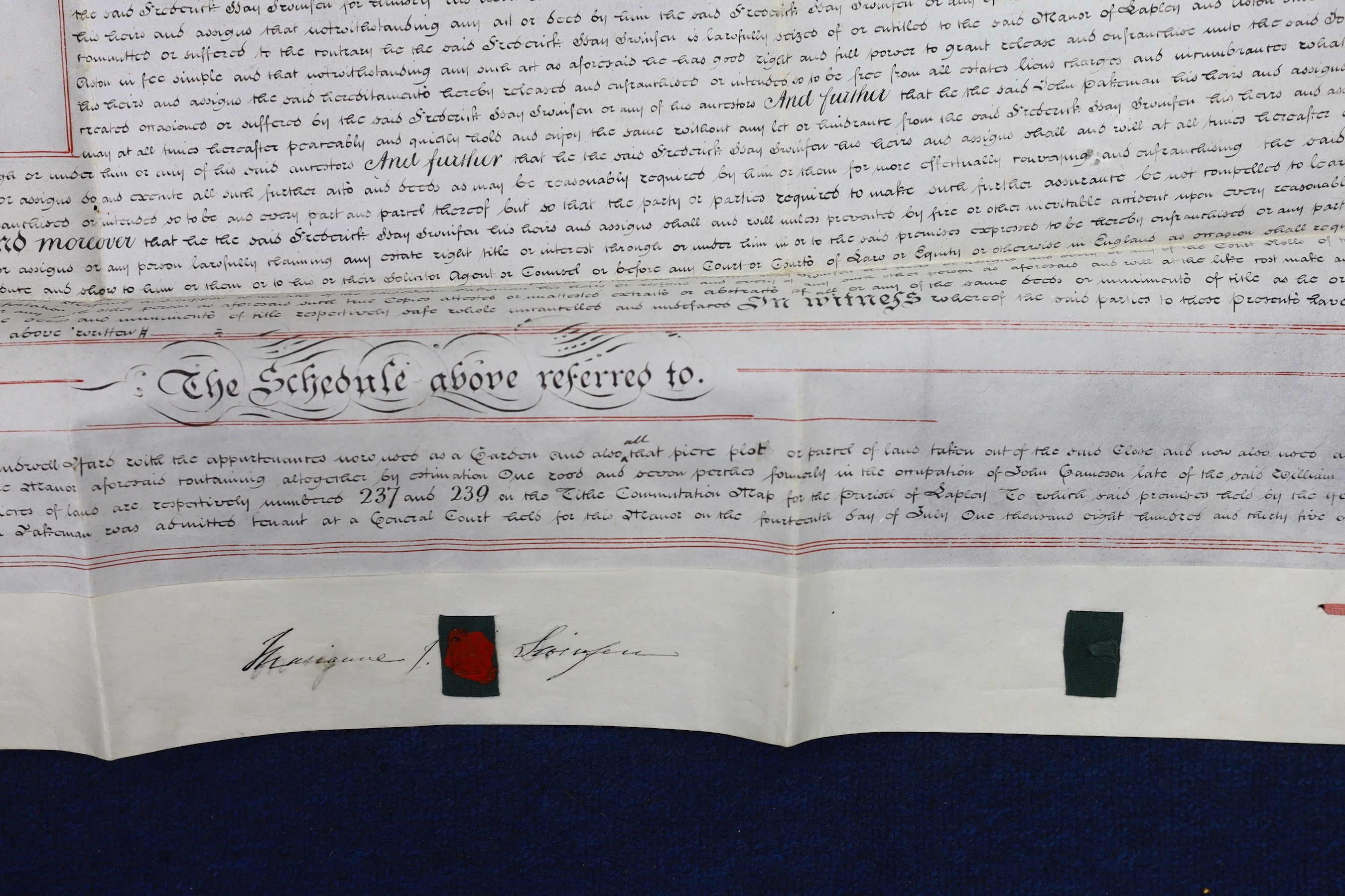 Three 19th legal documents on vellum:-The last will and testament of Thomas Osbourne, 4 leaves, dated 12th November, 1838, 65 x 72cms; Copy of a surrender of a lease, for land in the Manor of Lapley and Aston [Staffordsh